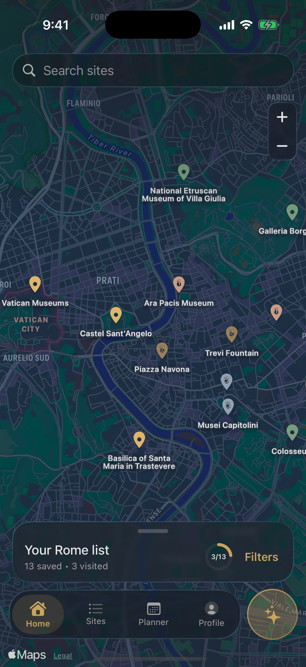 Map overview of Rome with saved sites and filters